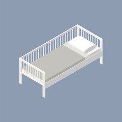 White wooden single bed with rails, mattress, blanket and pillow. Vector isometric illustration. 3D flat style vector illustration. Bed in isometric isolated on blue grey background