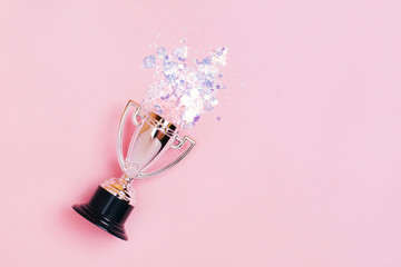 One silver winners cup with bright sparkles on a pastel background. lat lay style.