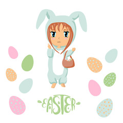 Vector anime character in rabbit blue kigurumi with Easter eggs and Easter lettering. Cute colered illustration for children. Easter time