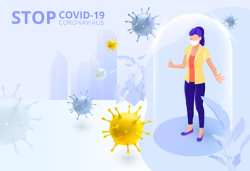 Obraz premium Coronavirus outbreak. COVID-19. Pandemic alert. Stop coronavirus anxiety. Don't panic concept. Girl in the city. Keep calm and stay home. Poster, banner, flyer Vector 