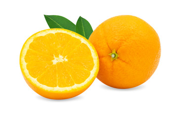 Closeup fresh orange fruit sliced with leaves isolated on white background with clipping path