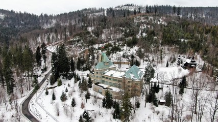 Fototapeta na wymiar Aerial footage of the castle polish president residence in Wisla, Beskids mountains 