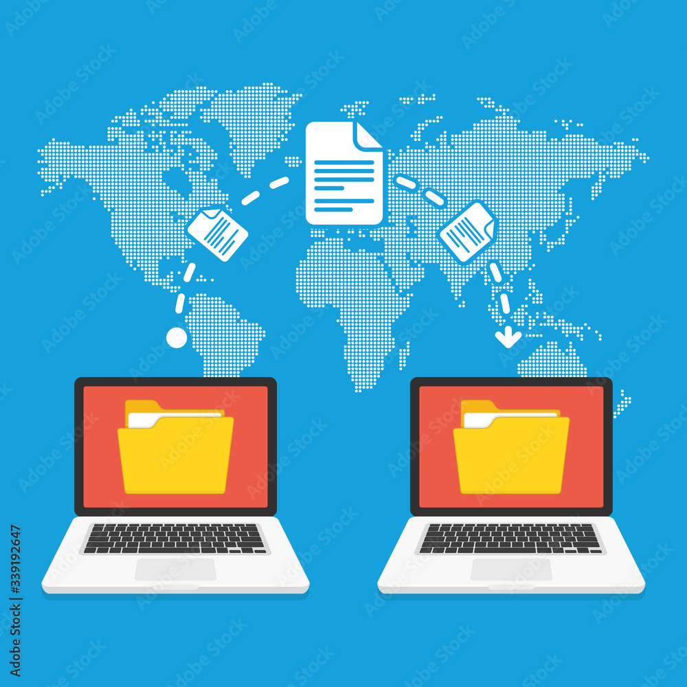 Poster file transfer concept. two laptops with yellow folders on screen and transferred documents. copy fil