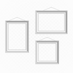 Realistic empty photo frame templates, isolated on transparent background. White, blank picture frame set for A4 image or text. Modern design element for you product mock-up or presentation. EPS 10.