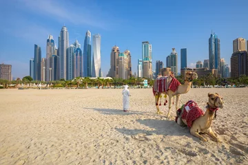 Papier Peint photo Dubai Amazing and Luxury Dubai Marina - famous Jumeirah beach at sunrise, United Arab Emirates