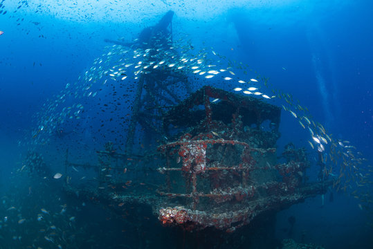 Underwater shot of HTMS Chang LST-712 (formerly USS Lincoln County (LST-898)) with bubbles and schooll of fish. Thailand