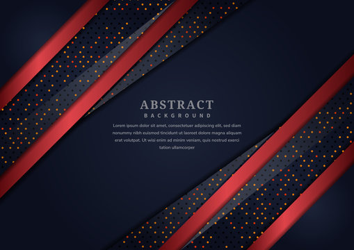 Abstract Dark Blue Overlapping Layer With Border Red With Glitter And  Glowing Dots On Dark Blue Background Luxury Style. Vector Illustration