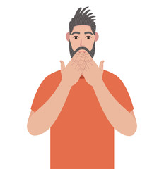 Bearded man shocked covering mouth with hands for mistake. Hipster expression of fear, scared in silence, secret concept. Vector illustration in cartoon style.