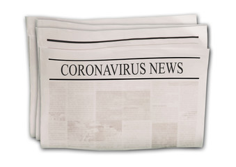 Coronavirus Covid-19 news. Newspapers with headlines on horizontal surface.