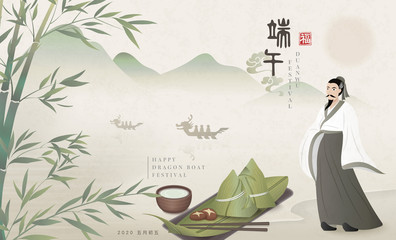 Happy Dragon Boat Festival background poet Qu Yuan and traditional food rice dumpling bamboo tea. Chinese translation : Duanwu and Blessing - obrazy, fototapety, plakaty