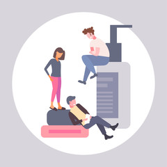 people using beauty spa care products men woman near cosmetic packaging natural cosmetology skin treatment concept horizontal full length vector illustration