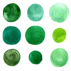 set of watercolor green circles isolated on white