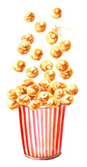 Caramel Popcorn Falling into the red and white striped cardboard bucket