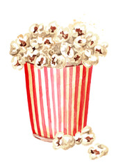 Popcorn in red and white striped cardboard bucket. Hand drawn watercolor illustration isolated on white background