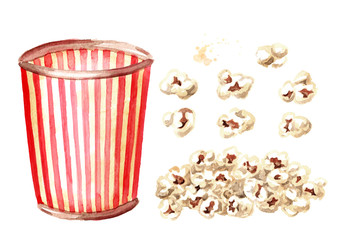 Popcorn set. Hand drawn watercolor illustration isolated on white background