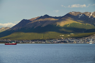 Sunrise or twilight over Beagle Channel in Patagonia between Argentina and Chile from cruiseship or...