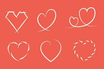 Set of 6 vector icons of a beautiful and unusual heart shapes in red background. It represents a concept of love, marriage, wedding. Also can be used as a logo, icon or badge