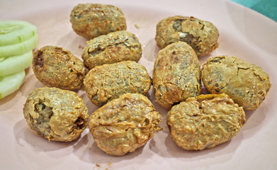 Abstract photo of crispy traditional Deep fried Crab meat rolls recipe also calls Hoi Jo ,Hai Choe ,Crab jujube ,which is famous delicious appetizing dumpling as Chinese cuisine menu in restaurant