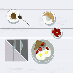 delicious breakfast with eggs, coffee and croissant vector illustration
