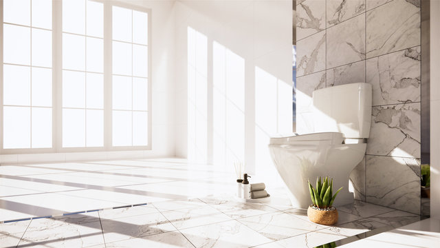 Zen design toilet tiles wall and floor - japanese style. 3D rendering