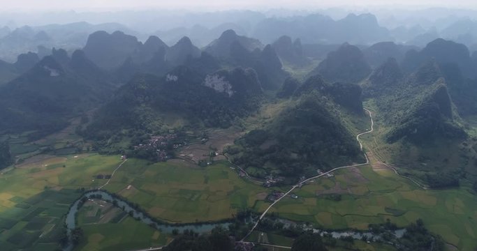Aerial view of agriculture in rice fields for cultivation at Ngoc Con, Trung Khanh, Cao Bang, Vietnam. Natural the texture for background