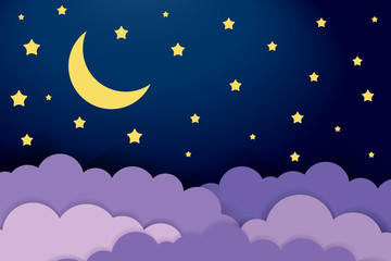 Obraz na płótnie Canvas Cute baby illustration of night sky. Half moon, stars and clouds on the dark background. Night scene vector