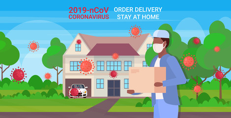 african american courier in mask carrying parcel box coronavirus outbreak prevention order delivery stay at home concept horizontal portrait vector illustration