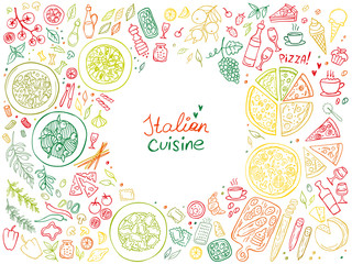 Set of Italian cuisine food isolated on white background. Doodle. Vector illustration. Perfect for food menu design template.