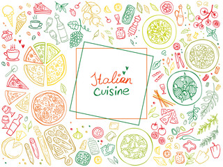 Set of Italian cuisine food isolated on white background. Doodle. Vector illustration. Perfect for food menu design template.