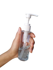 hand holding Alcohol gel,Hand Sanitizer isolated on white background.