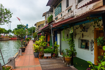 MALACCA, MALAYSIA, SEPTEMBER 29 2019: Beautiful and colorful street in Malacca historic center