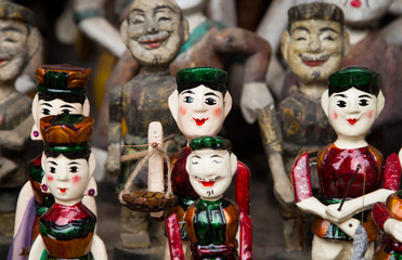 The Vietnamese traditional water puppets of the theater in Hanoi, Vietnam. Each puppet represents...