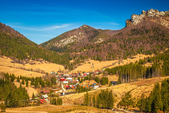 Landscape with mountains springtime. The Stefanova Village under The Great Rozsutec hill in The Mala Fatra National Park in Slovakia, Europe.