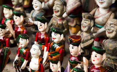 The Vietnamese traditional water puppets of the theater in Hanoi, Vietnam. Each puppet represents...