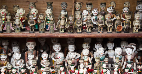 The Vietnamese traditional water puppets of the theater in Hanoi, Vietnam. Each puppet represents...
