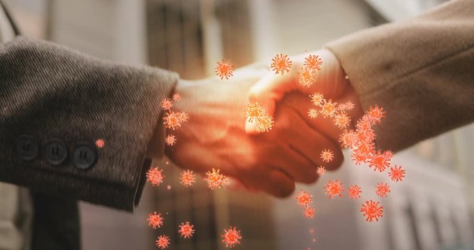 Close up of mixed-races male and female business hands shaking outdoor. Spreading of coronavirus animation. Multiethnic hands shake passing infection. Pandemic germs concept. Spreader of virus.