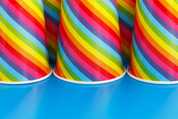 Children birthday party's decoration. Colorful paper cups for birthday party.