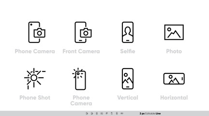 Phone Camera, Front and Back Lens icon set. Selfie, Shot, Vertical, Horizontal Photo. Editable Line vector