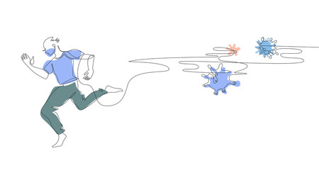 A man in a medical mask flees from viruses. One line. Minimalistic graphics.