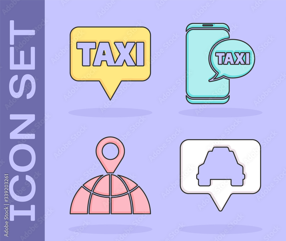 Poster set map pointer with taxi, map pointer with taxi, location on the globe and taxi call telephone serv