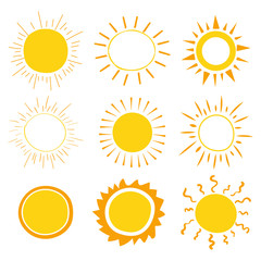 Hand drawn sun icons set. Summer symbols. Weather theme. Vector illustration.