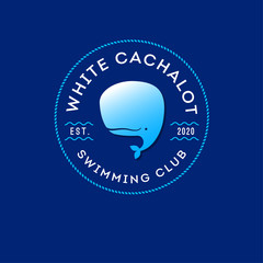 White Cachalot logo. Swimming club. Swimming and diving goods. Baby whale into a circle with letters and waves. 