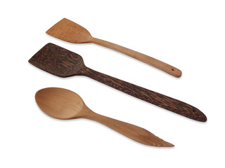 Wooden spoon and Wooden spatula,Kitchen utensils, isolated on white background.