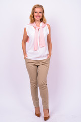 Full body shot of happy beautiful blonde businesswoman smiling