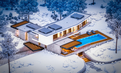 3d rendering of modern cozy house on the hill with garage and pool for sale or rent with beautiful landscaping on background. Cool winter night with warm cozy light inside.