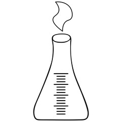 Measuring flask for reagents. Glass container for chemical research in the laboratory. Chemical vapors. Vector illustration. Application in chemistry and medicine. Outline on an isolated background. 