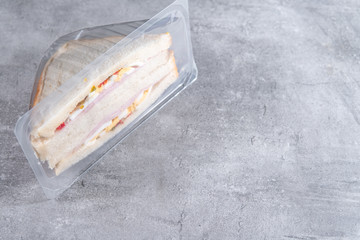 Sandwich in a transparent plastic box or nylon bag to go