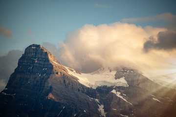Mount Outram at sunset, view from Icefields Parkway in Banff National Park, Alberta, Rocky Mountains, Canada