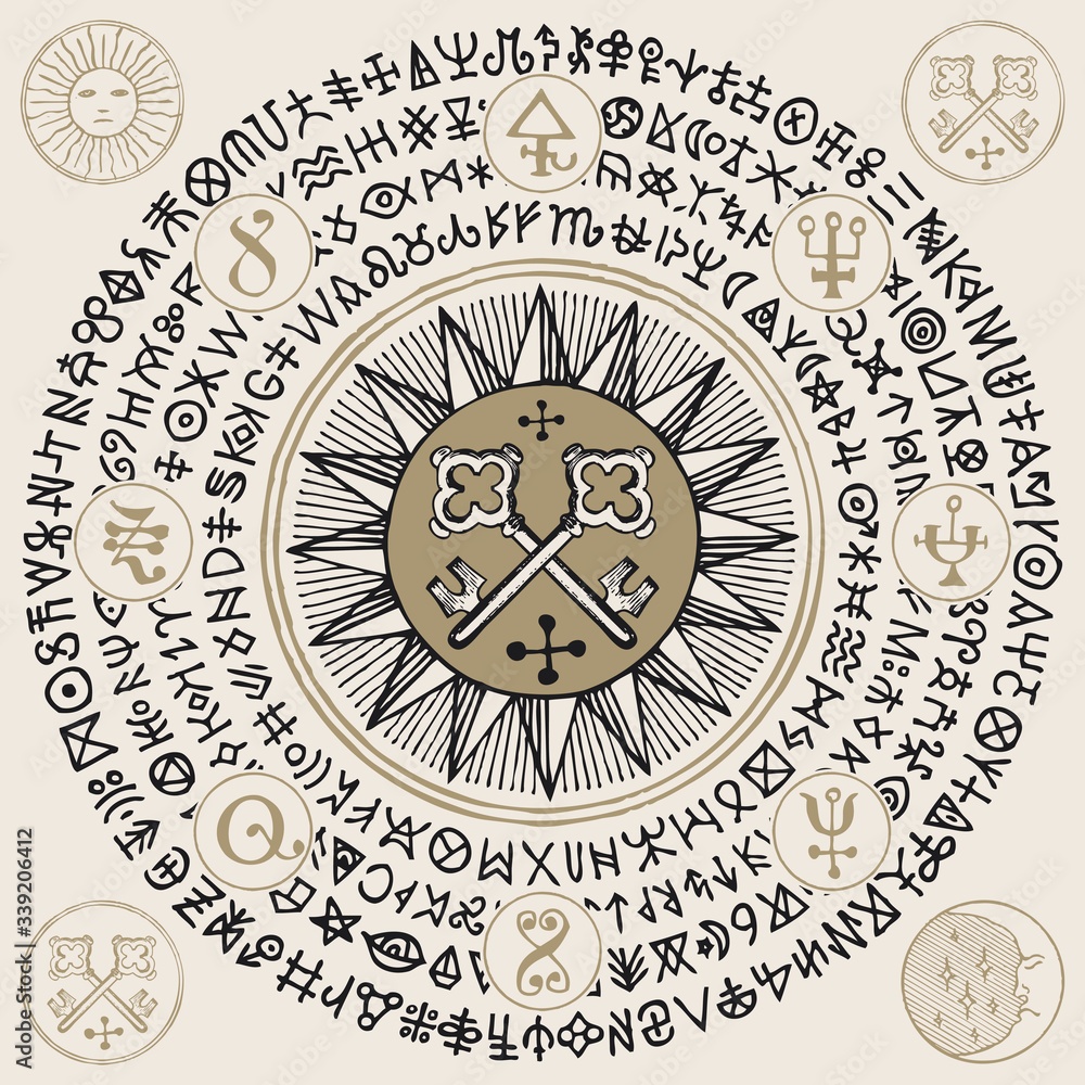 Wall mural Vector illustration with old crossed keys and alchemical symbols in retro style. Hand-drawn banner with esoteric signs, occult attributes and magic runes written in a circle