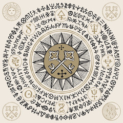 Vector illustration with old crossed keys and alchemical symbols in retro style. Hand-drawn banner with esoteric signs, occult attributes and magic runes written in a circle